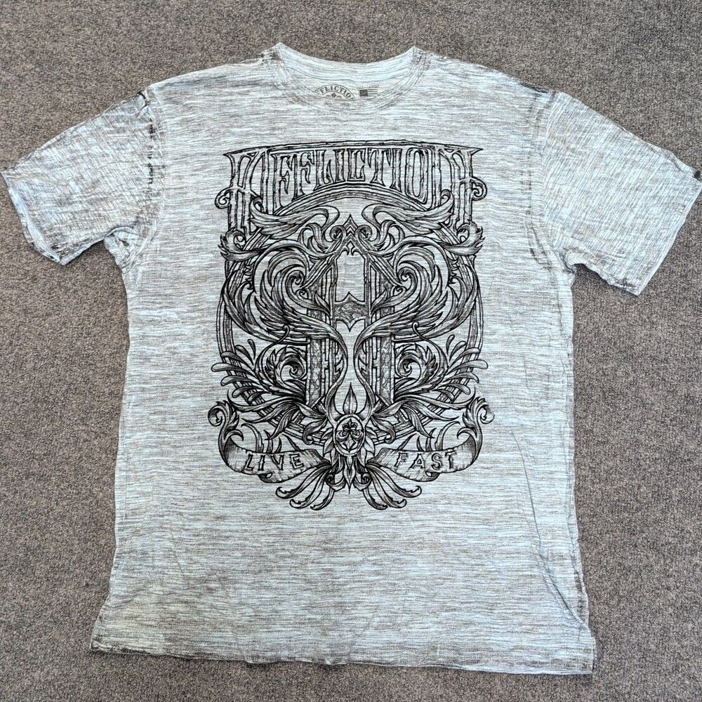 Affliction Live Fast Graphic Crew T-Shirt Heather Grey Distressed Gothic Cross